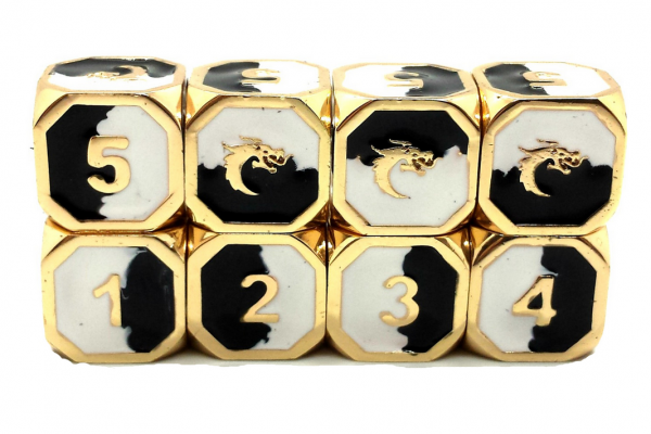Old School RPG Metal Dice D6 Set: Dragon Forged - Black & White w/ Gold (8)