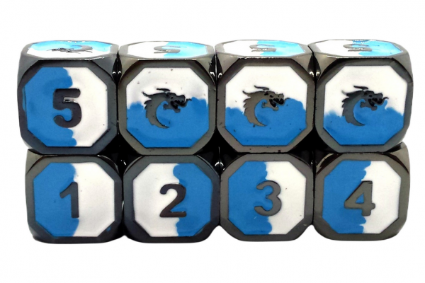 Old School RPG Metal Dice D6 Set: Dragon Forged - Blue & White w/ Black Nickel (8)