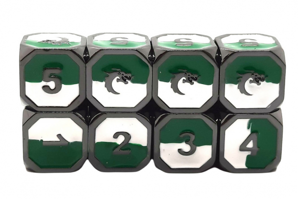 Old School RPG Metal Dice D6 Set: Dragon Forged - Green & White w/ Black Nickel (8)