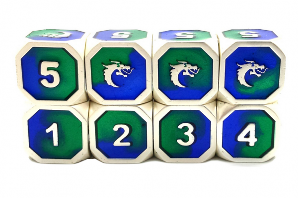 Old School RPG Metal Dice D6 Set: Dragon Forged - Platinum Blue & Green (8)