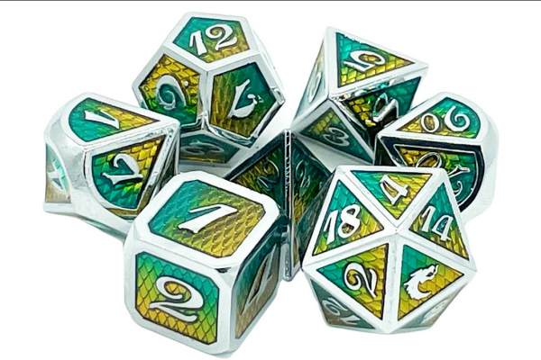 Old School RPG Metal Dice Set: Dragon Scale - Green & Yellow (7)