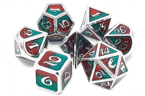 Old School RPG Metal Dice Set: Dragon Scale - Red & Green (7)