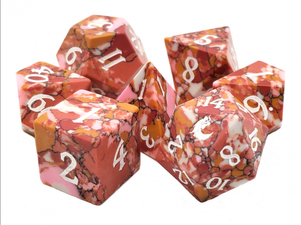 Old School RPG Dice Set: Gemstone - Turquoise Orange, Red, Pink & White (7)