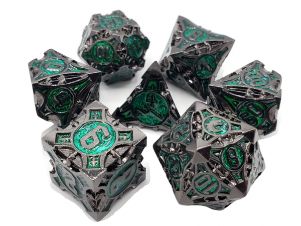Old School RPG Metal Dice Set: Gnome Forged - Black Nickel w/ Green (7)