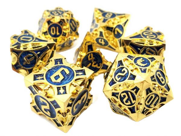 Old School RPG Metal Dice Set: Gnome Forged - Gold w/ Blue (7)