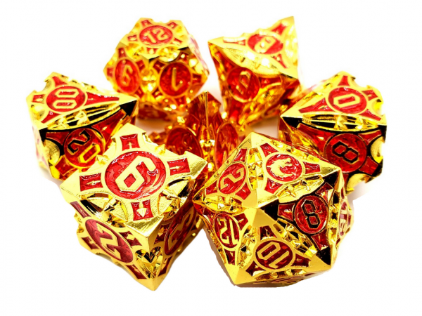 Old School RPG Metal Dice Set: Gnome Forged - Gold w/ Red (7)