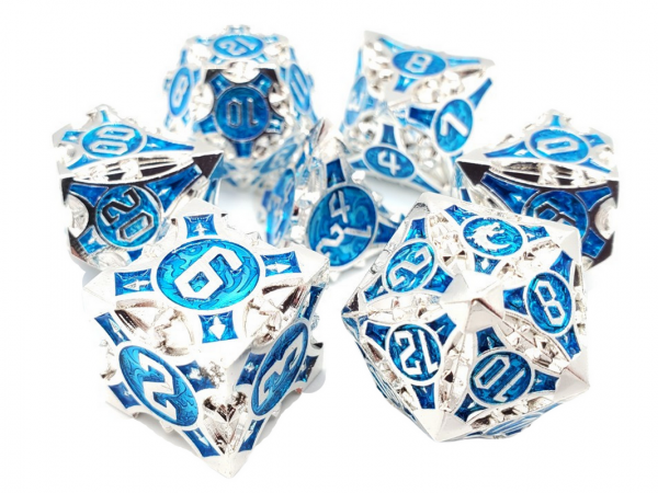 Old School RPG Metal Dice Set: Gnome Forged - Silver w/ Blue (7)