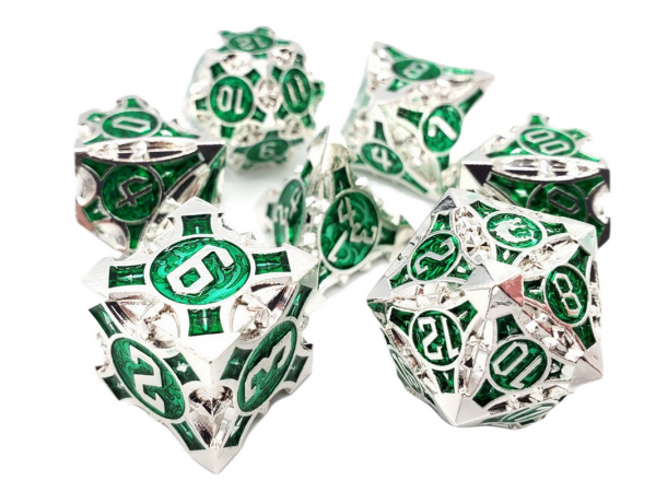 Old School RPG Metal Dice Set: Gnome Forged - Silver w/ Green (7)