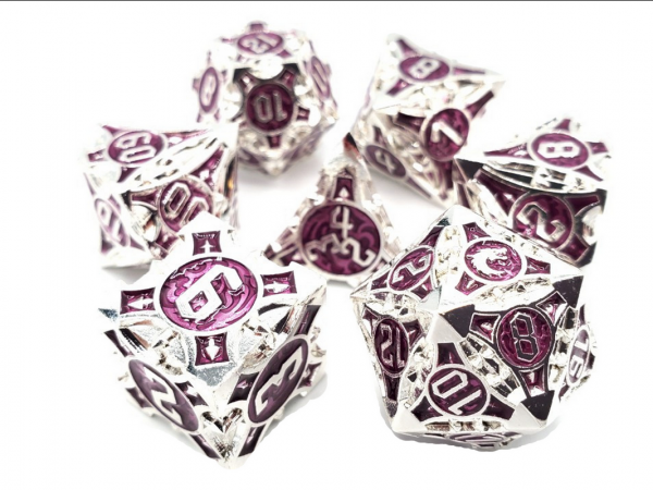Old School RPG Metal Dice Set: Gnome Forged - Silver w/ Purple (7)