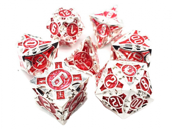 Old School RPG Metal Dice Set: Gnome Forged - Silver w/ Red (7)