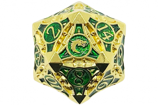Old School RPG Metal Dice: Gnome Forged 40mm D20 - Gold w/ Green (1)