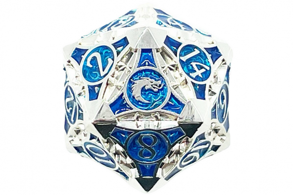 Old School RPG Metal Dice: Gnome Forged 40mm D20 - Silver w/ Blue (1)