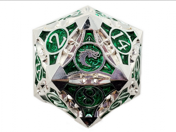 Old School RPG Metal Dice: Gnome Forged 40mm D20 - Silver w/ Green (1)