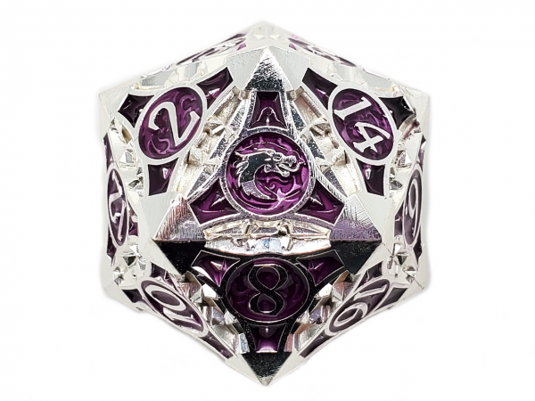 Old School RPG Metal Dice: Gnome Forged 40mm D20 - Silver w/ Purple (1)