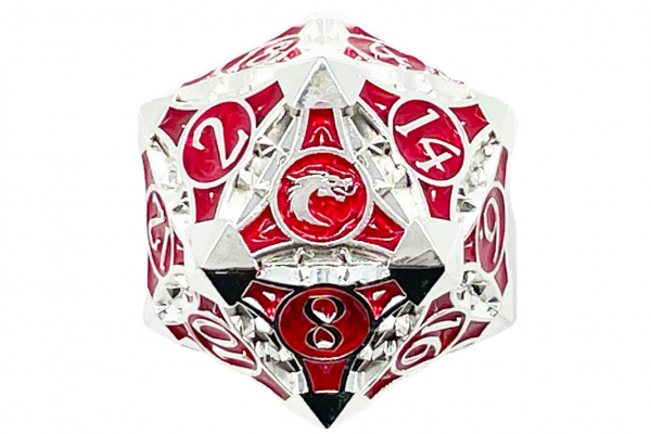 Old School RPG Metal Dice: Gnome Forged 40mm D20 - Silver w/ Red (1)