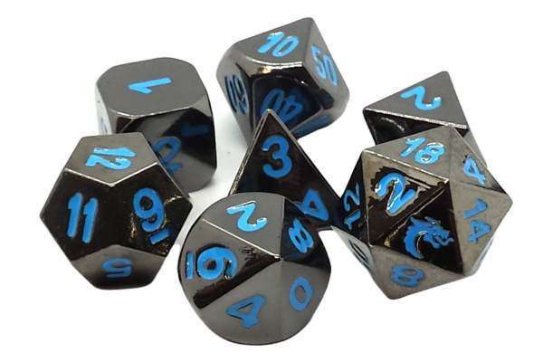 Old School RPG Metal Dice Set: Halfling Forged - Black Nickel w/ Blue (7)