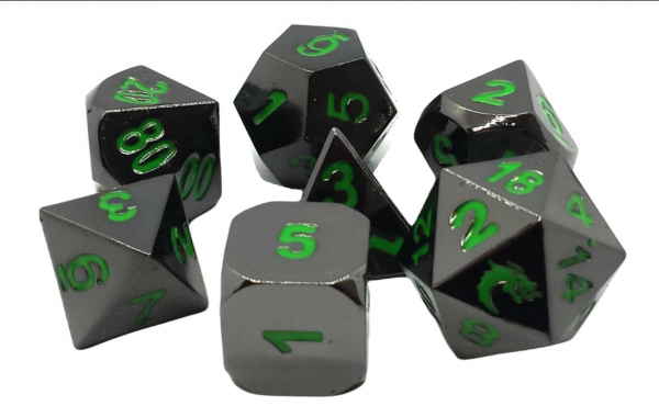 Old School RPG Metal Dice Set: Halfling Forged - Black Nickel w/ Green (7)
