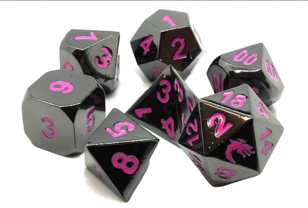 Old School RPG Metal Dice Set: Halfling Forged - Black Nickel w/ Pink (7)
