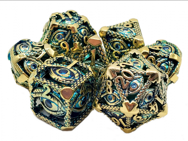 Old School RPG Metal Dice Set: Hollow All Seeing Eye Dice - Gold w/ Blue (7)