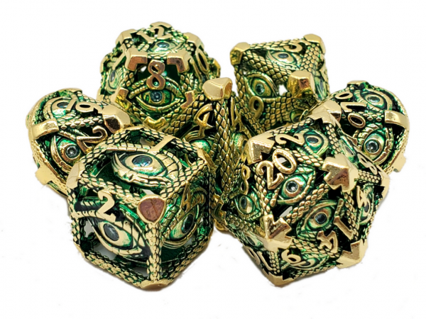 Old School RPG Metal Dice Set: Hollow All Seeing Eye Dice - Gold w/ Green (7)