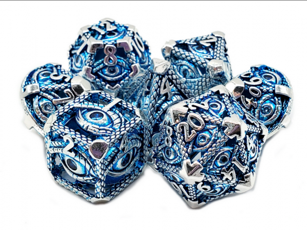 Old School RPG Metal Dice Set: Hollow All Seeing Eye Dice - Silver w/ Blue (7)