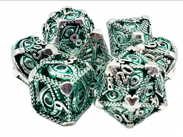 Old School RPG Metal Dice Set: Hollow All Seeing Eye Dice - Silver w/ Green (7)