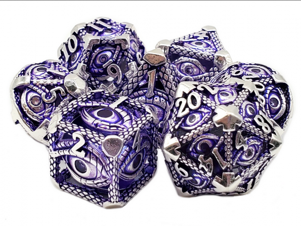 Old School RPG Metal Dice Set: Hollow All Seeing Eye Dice - Silver w/ Purple (7)