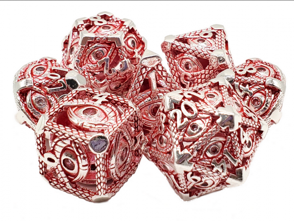 Old School RPG Metal Dice Set: Hollow All Seeing Eye Dice - Silver w/ Red (7)