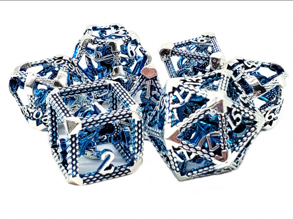Old School RPG Metal Dice Set: Hollow The Kraken - Silver w/ Blue (7)