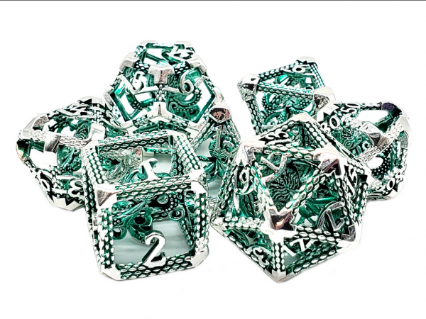 Old School RPG Metal Dice Set: Hollow The Kraken - Silver w/ Green (7)