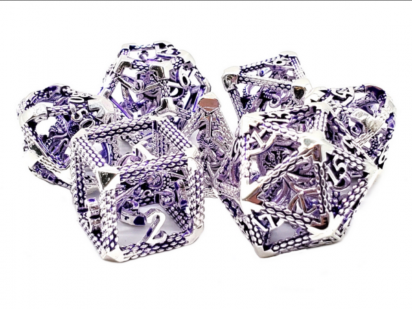Old School RPG Metal Dice Set: Hollow The Kraken - Silver w/ Purple (7)