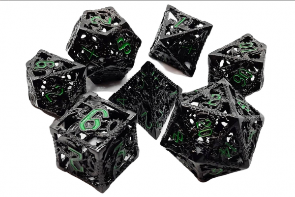 Old School RPG Metal Dice Set: Hollow Dragon Dice - Black w/ Green (7)