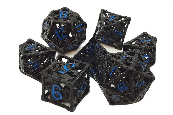 Old School RPG Metal Dice Set: Hollow Dragon Dice - Black w/ Light Blue (7)