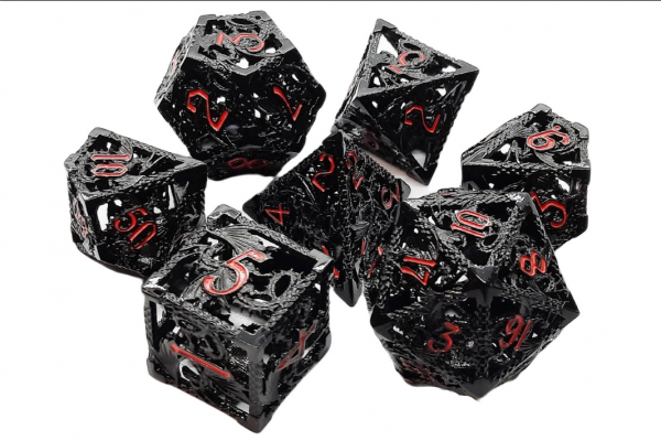 Old School RPG Metal Dice Set: Hollow Dragon Dice - Black w/ Orange (7)