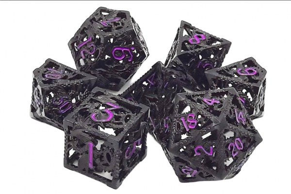 Old School RPG Metal Dice Set: Hollow Dragon Dice - Black w/ Purple (7)