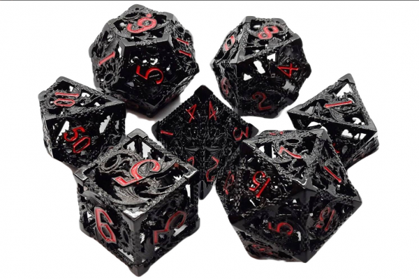Old School RPG Metal Dice Set: Hollow Dragon Dice - Black w/ Red (7)