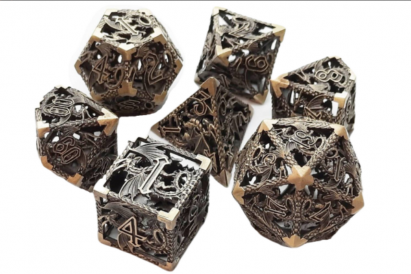 Old School RPG Metal Dice Set: Hollow Dragon Dice - Ancient Gold (7)