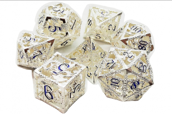 Old School RPG Metal Dice Set: Hollow Dragon Dice - Silver w/ Blue (7)