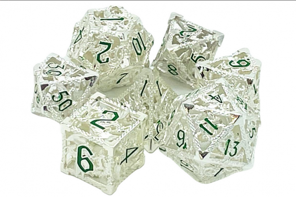 Old School RPG Metal Dice Set: Hollow Dragon Dice - Silver w/ Green (7)