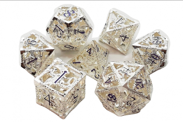 Old School RPG Metal Dice Set: Hollow Dragon Dice - Silver w/ Purple (7)