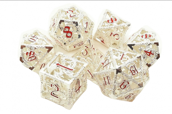 Old School RPG Metal Dice Set: Hollow Dragon Dice - Silver w/ Red (7)