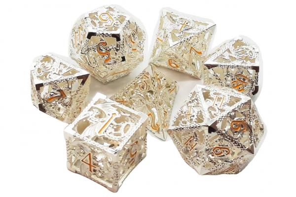 Old School RPG Metal Dice Set: Hollow Dragon Dice - Silver w/ Yellow (7)