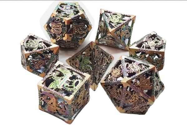 Old School RPG Metal Dice Set: Hollow Dragon Dice - Spectral w/ Gold (7)