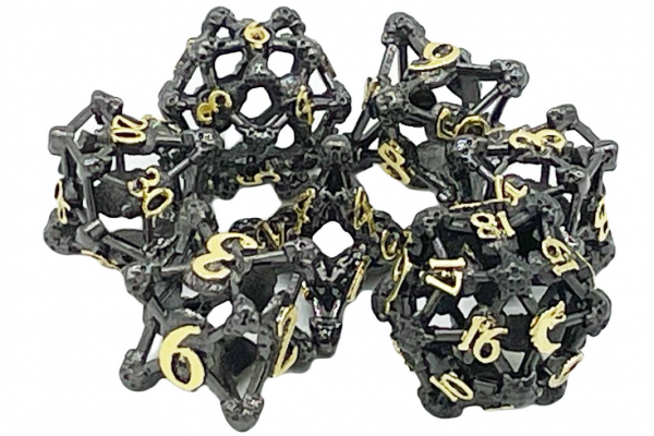 Old School RPG Metal Dice Set: Hollow Skull Dice - Black Nickel w/ Gold (7)