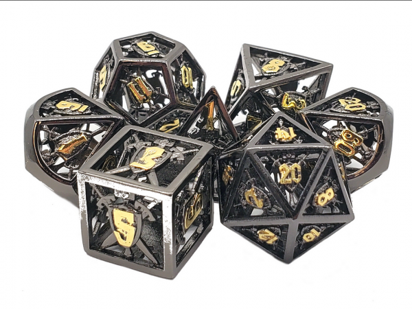 Old School RPG Metal Dice Set: Hollow Sword & Shield Dice - Black w/ Gold (7)