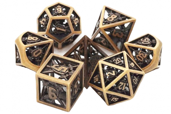 Old School RPG Metal Dice Set: Hollow Sword & Shield Dice - Brushed Gold (7)