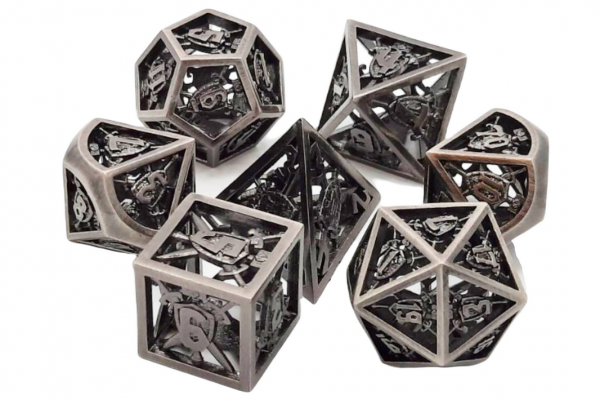 Old School RPG Metal Dice Set: Hollow Sword & Shield Dice - Brushed Silver (7)