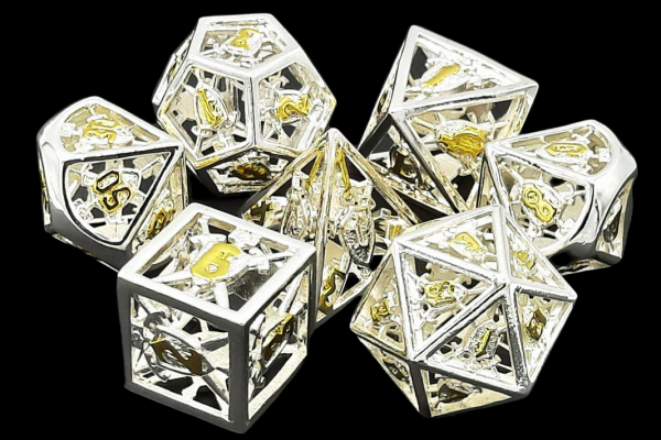 Old School RPG Metal Dice Set: Hollow Sword & Shield Dice - Silver w/ Gold (7)