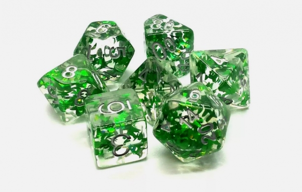 Old School RPG Dice Set: Infused Butterfly - Green w/ Silver (7)
