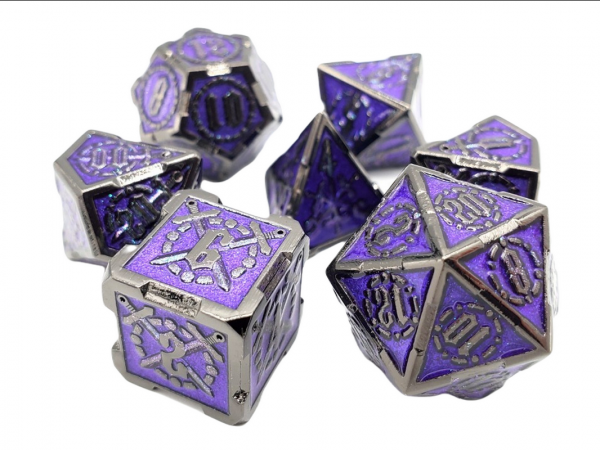 Old School RPG Metal Dice Set: Knights of the Round Table - Black w/ Amethyst (7)